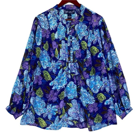 Susan Graver Abstract Floral Pintuck Sheer Popover Blouse Size 1X Glitter - Picture 1 of 7